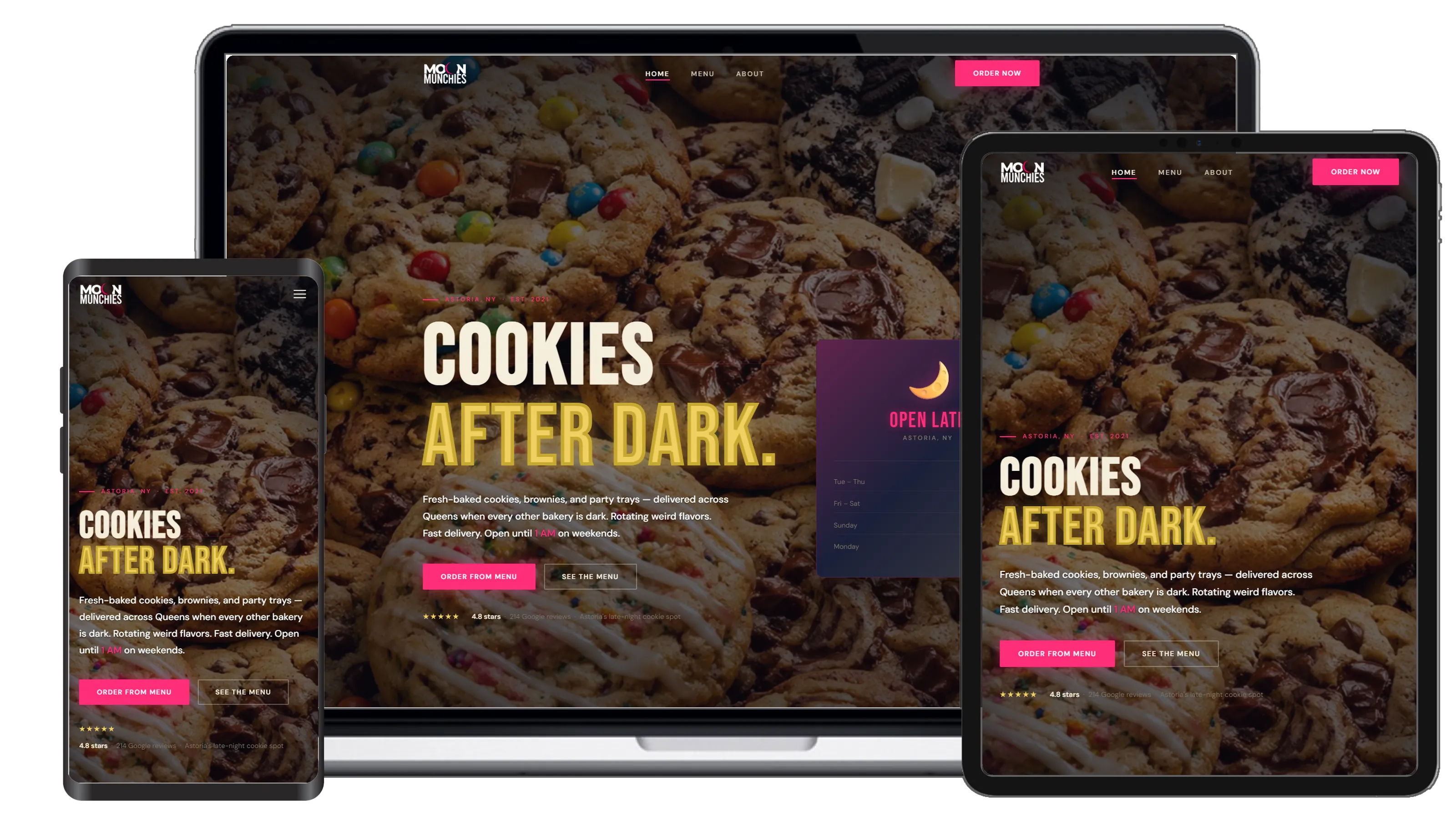 Moon Munchies website on laptop, tablet, and mobile